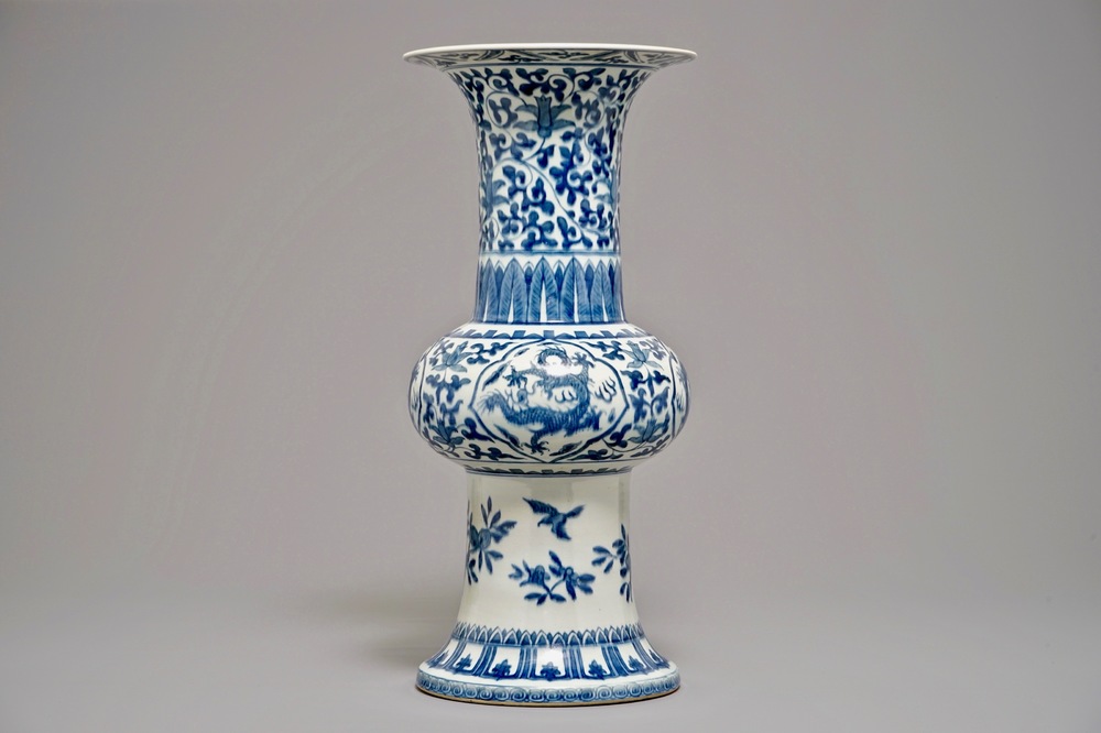 A large Chinese blue and white gu dragon vase, Qianlong mark, 19th C.