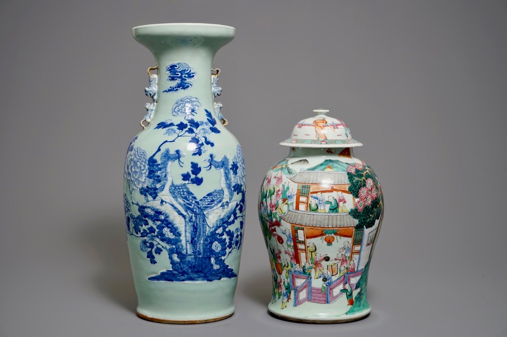 A Chinese famille rose vase and cover and a large blue and white celadon-ground vase, 19th C.