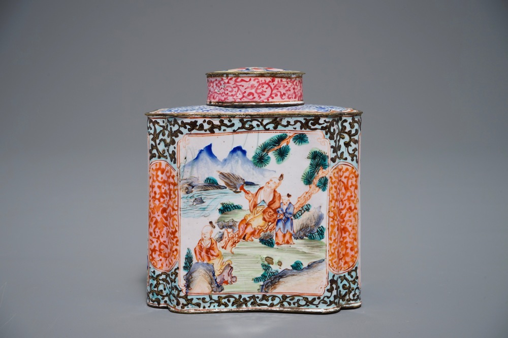 A Chinese Canton enamel tea caddy and cover, Qing