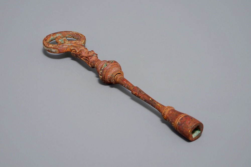A Chinese gilt and silvered bronze winding key for a qin, Han or later