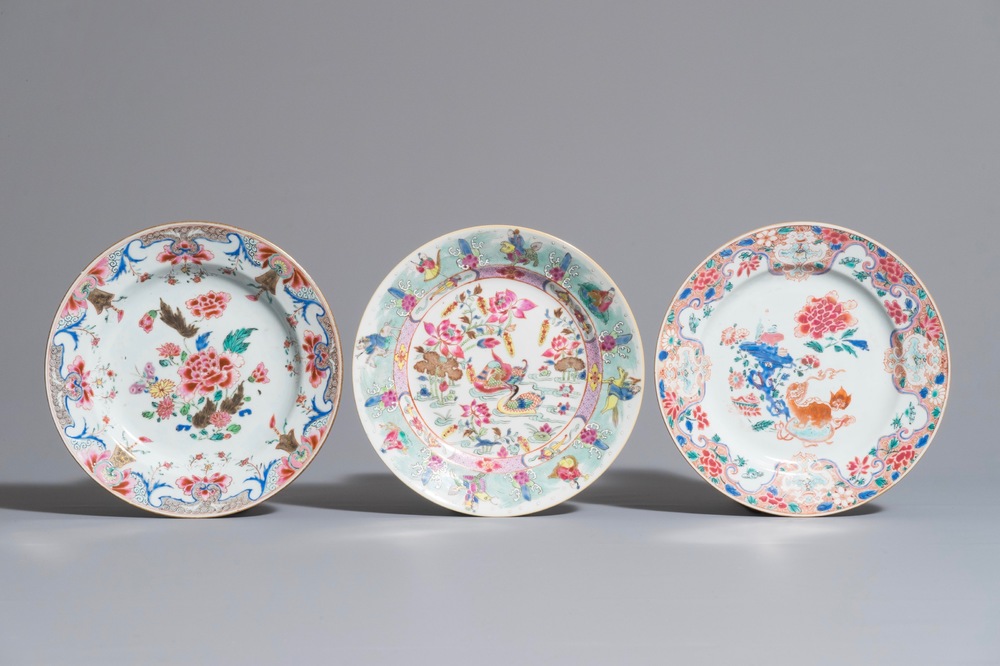 Three Chinese famille rose plates, Yongzheng/Qianlong