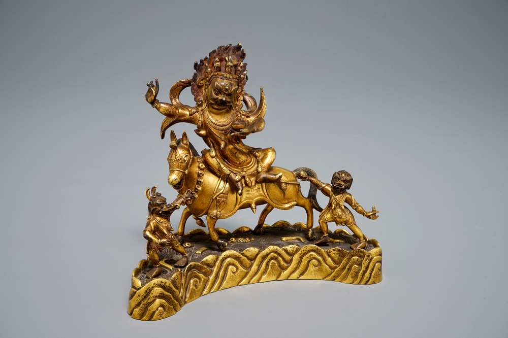 A Sino-Tibetan gilt bronze group of Palden Lhamo, 19/20th C.