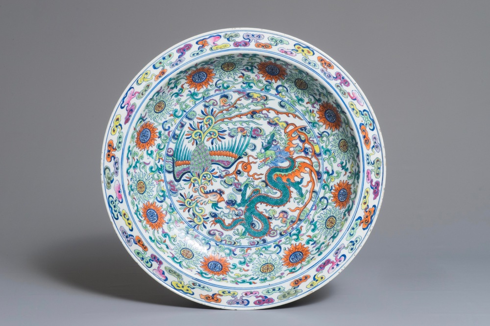 A large Chinese doucai 'Dragon and phoenix' charger, Yongzheng mark, Republic, 20th C.