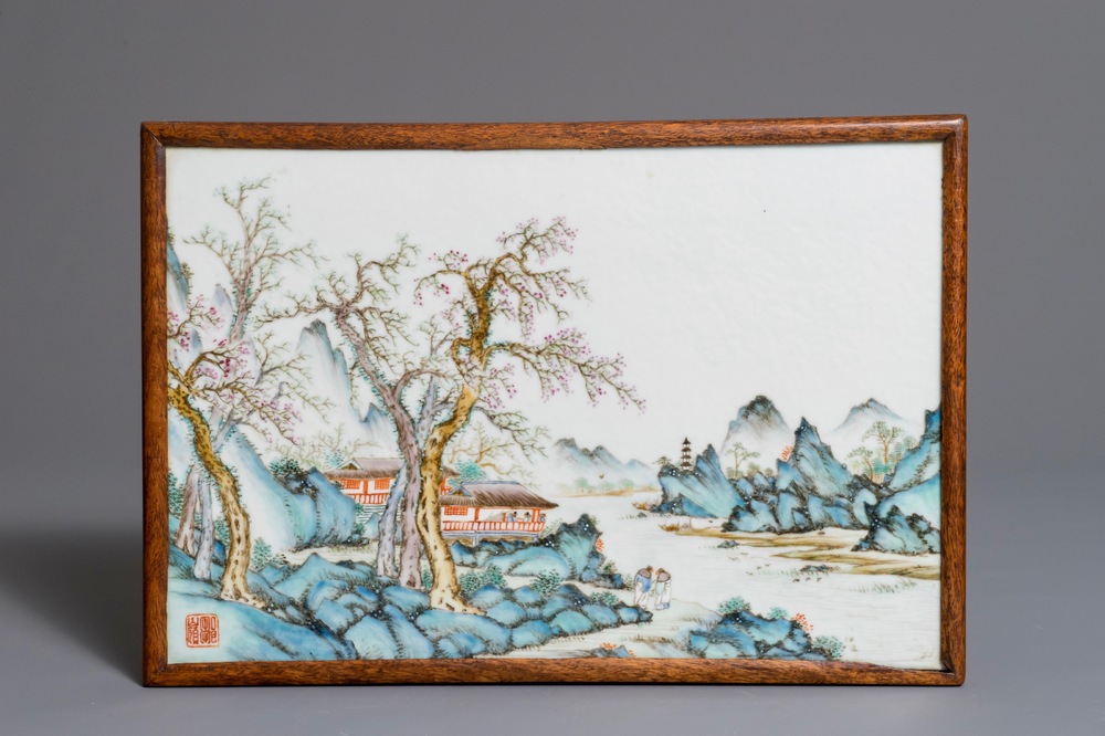 A Chinese qianjiang cai landscape plaque, seal mark, Republic, 1st half 20th C.