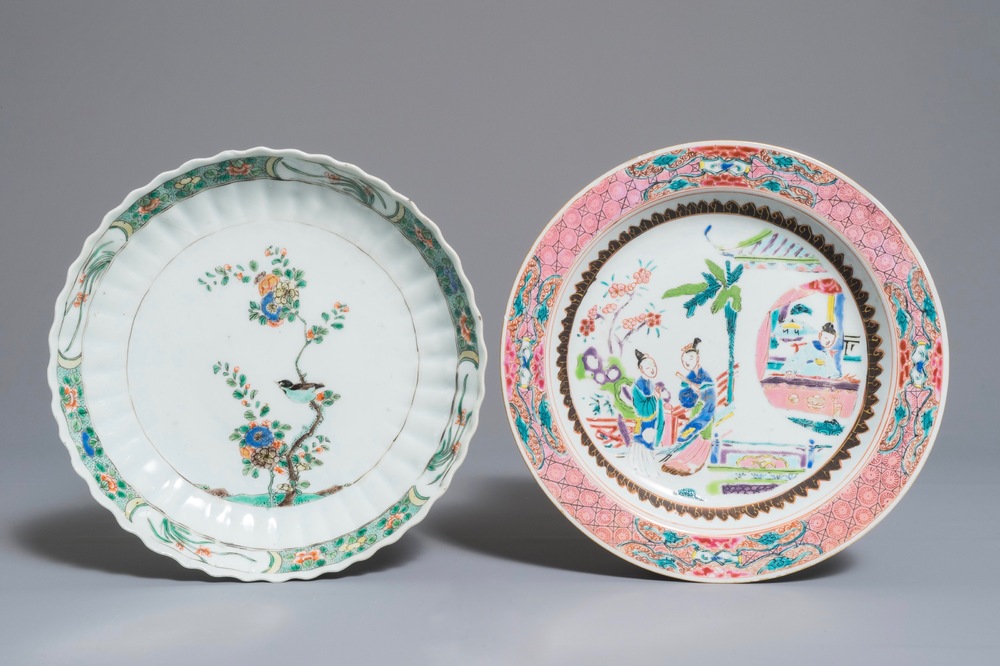 Two Chinese famille verte and rose plates, Kangxi and Yongzheng