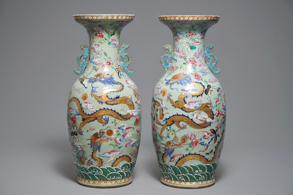 A pair of Chinese famille rose celadon-ground dragon vases, 19th C.