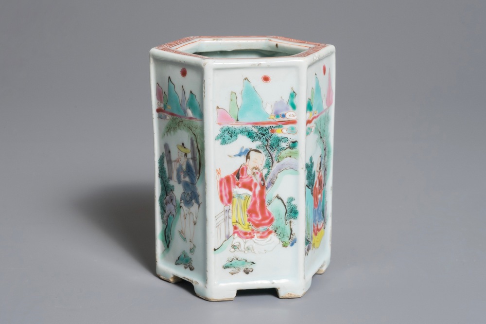 A Chinese hexagonal famille rose brush pot, Yongzheng