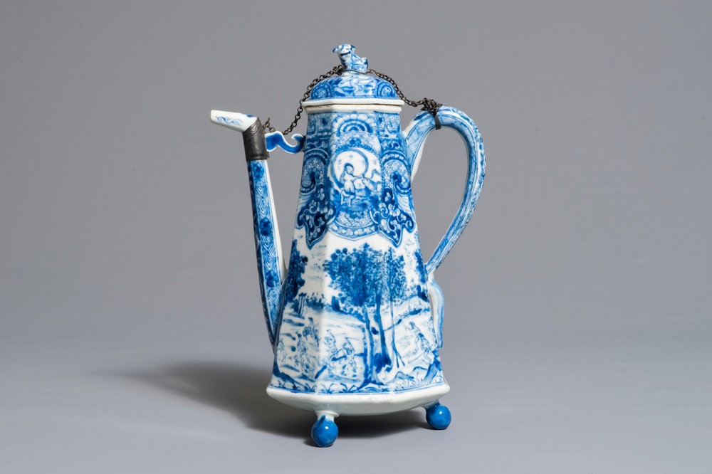 A rare Chinese blue and white "Europa and the bull" coffee pot, Kangxi