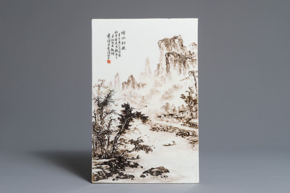 A large Chinese qianjiang cai landscape plaque, 20th C.