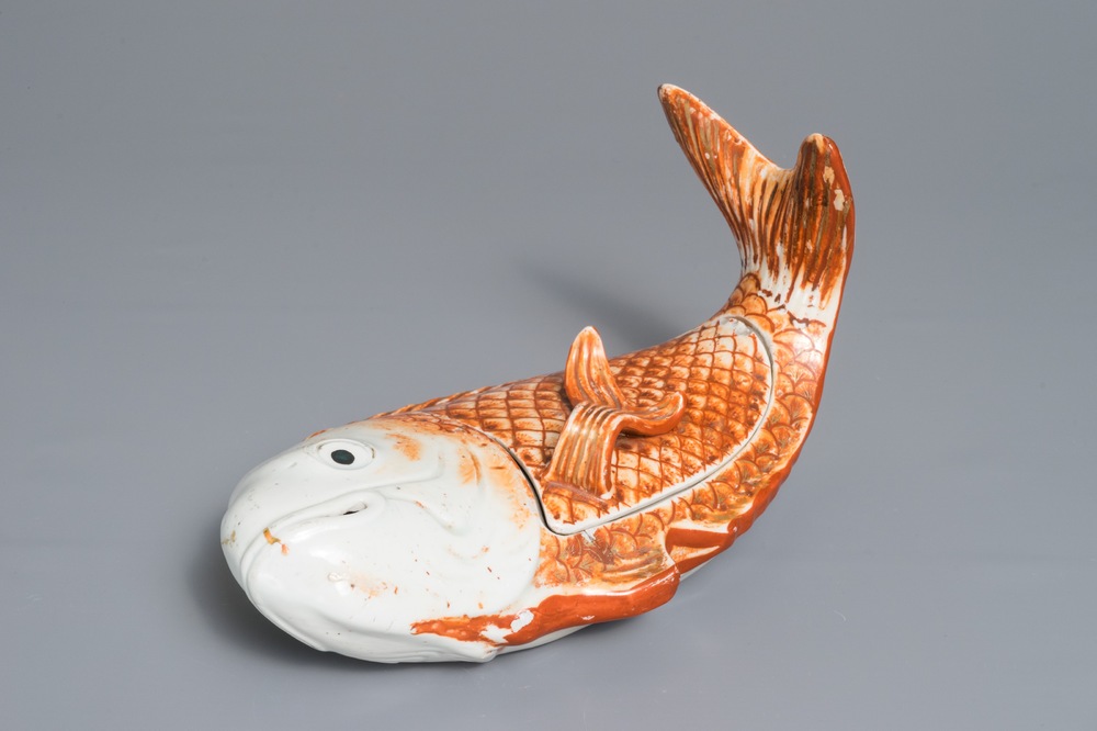 A rare Chinese iron red and gilt carp tureen and cover, Qianlong