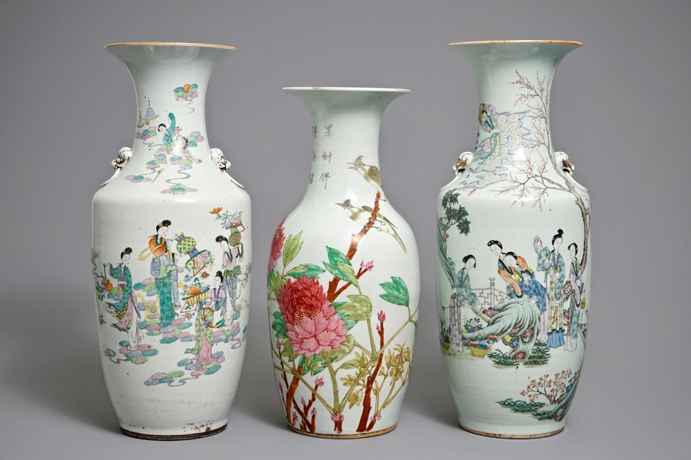 Three Chinese famille rose and qianjiang cai vases, 19/20th C.