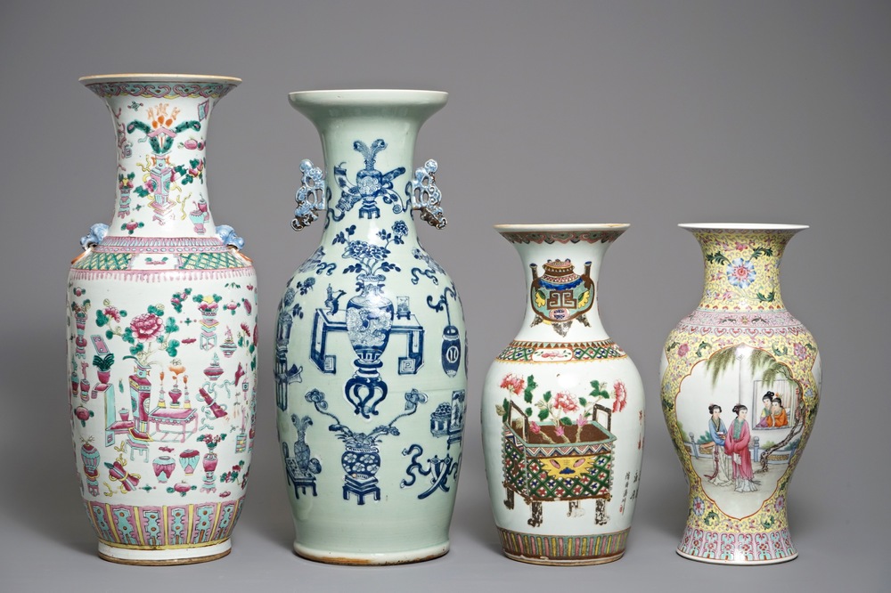 Four Chinese famille rose and blue and white vases, 19/20th C.