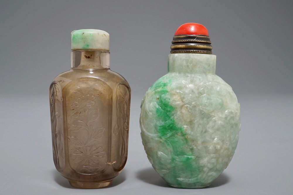 Two Chinese smoked quartz and jadeite snuff bottles, 19/20th C.