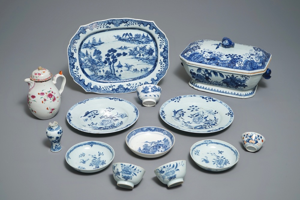 A varied selection of Chinese blue and white and famille rosewares, 18th C.