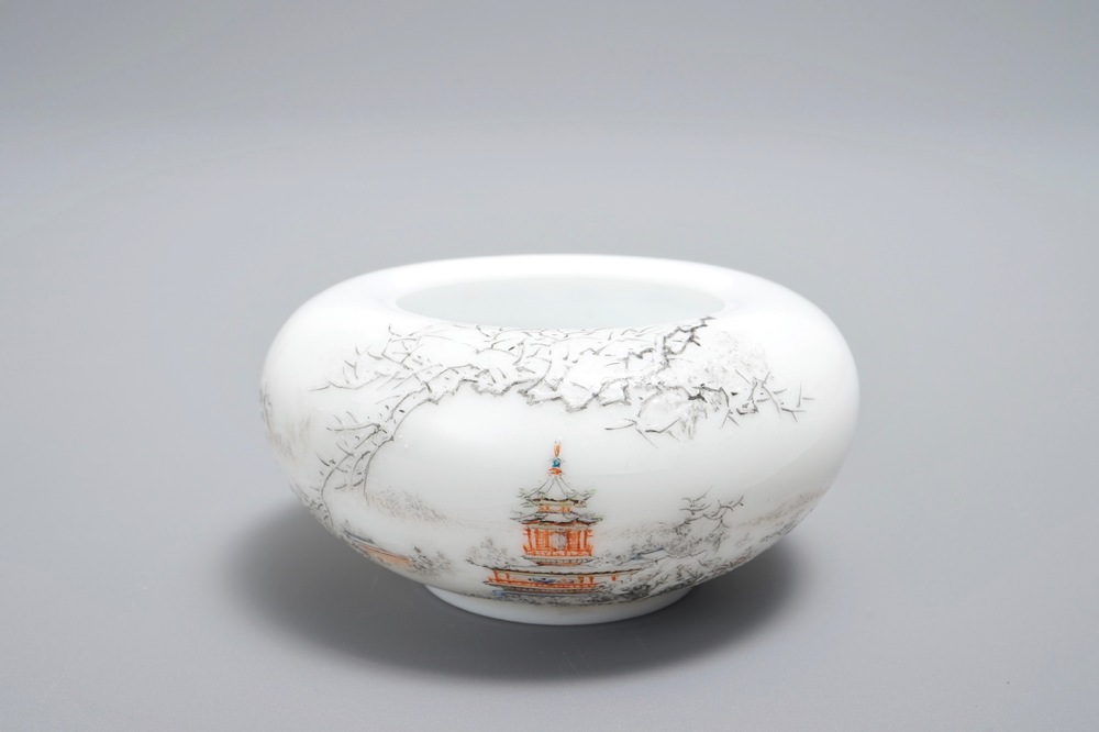 A small Chinese brush washer with a winter landscape, Republic, 20th C.