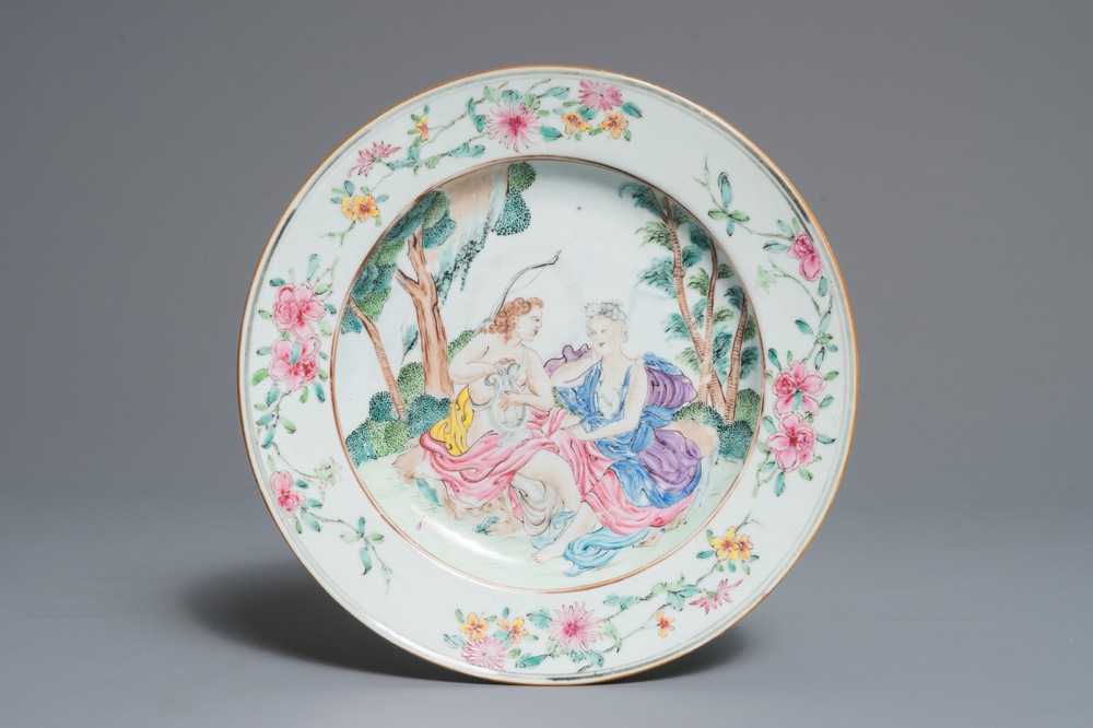 A Chinese famille rose mythological plate with Apollo and Daphne, Yongzheng