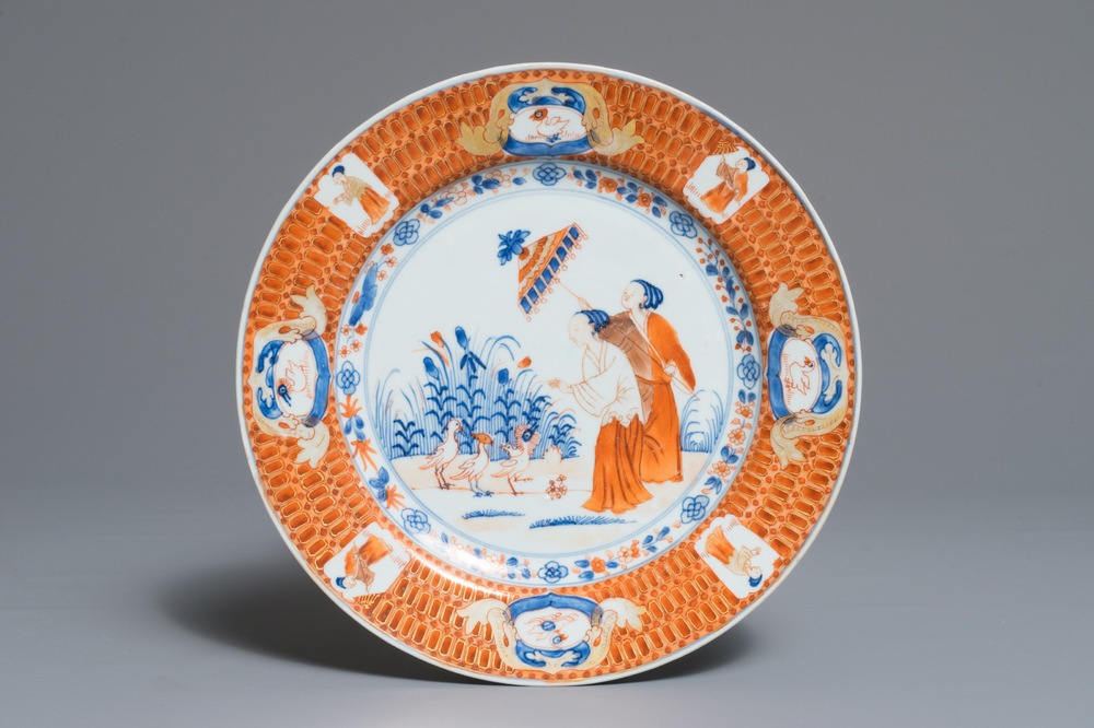A Chinese Imari-style plate after Cornelis Pronk: &ldquo;Dames au Parasol", Qianlong, ca. 1736-1738