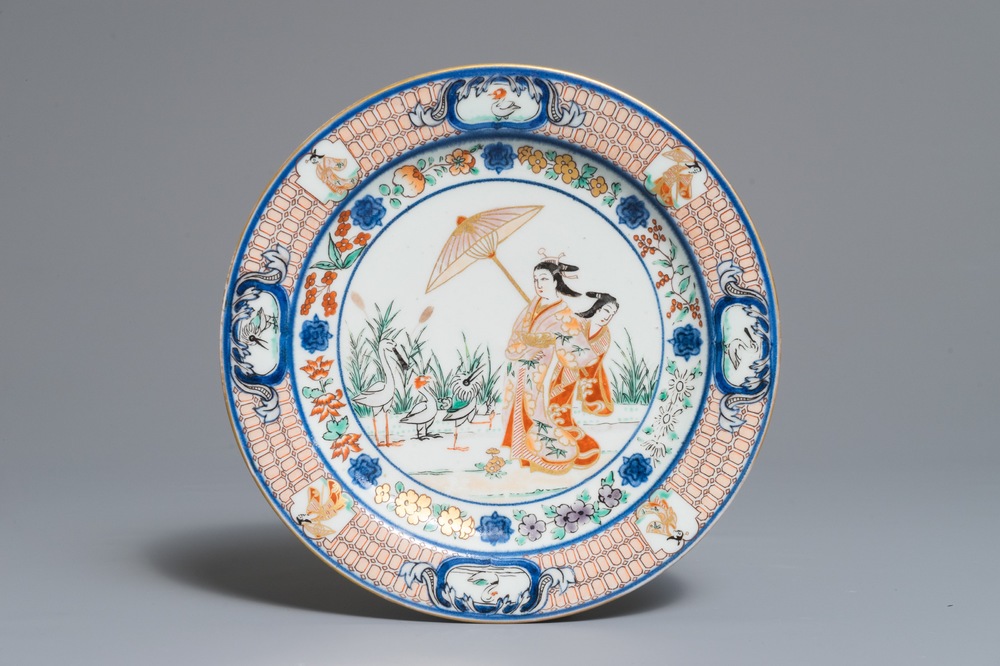 A Japanese Imari plate after Cornelis Pronk: &ldquo;Dames au Parasol", Edo, ca. 1740
