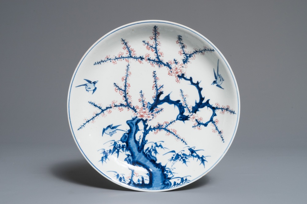 A Chinese blue, white and underglaze red dish, Xuande mark, Kangxi