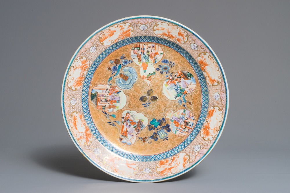 A large Chinese famille rose dish with mandarin design, Qianlong