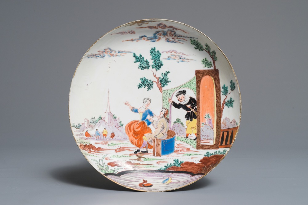 A Chinese Dutch-decorated Amsterdams bont plate with a Commedia Dell'Arte scene, Qianlong