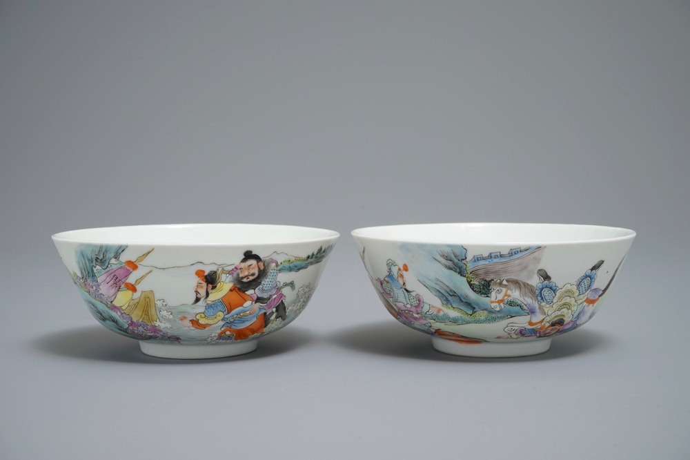 Two Chinese famille rose bowls with warriors, Qianlong mark, 20th C.