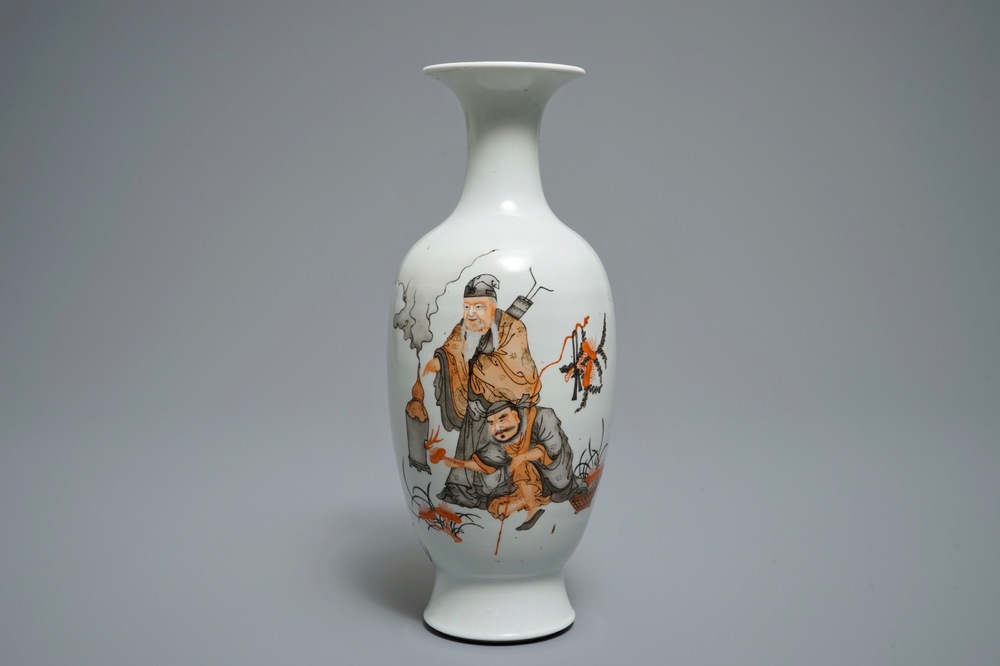 A Chinese iron red and grisaille vase with immortals, Qianlong mark, Republic, 20th C.
