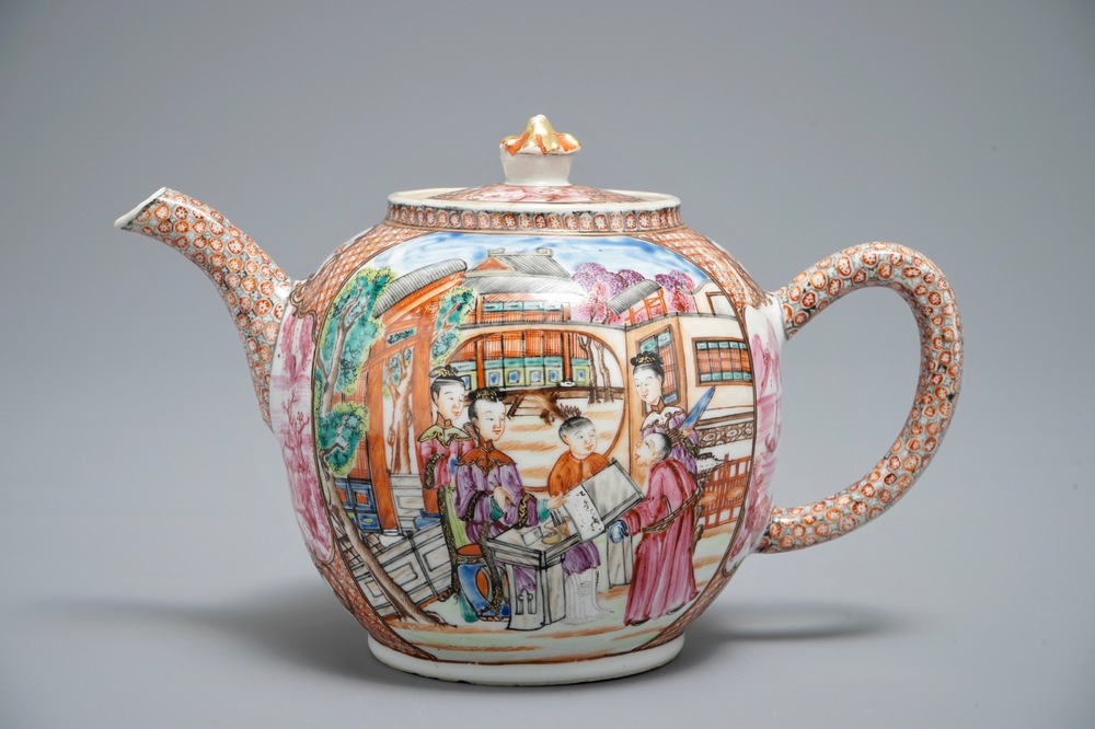 A rare Chinese famille rose rectangular 'Mandarin' teapot and cover, Qianlong