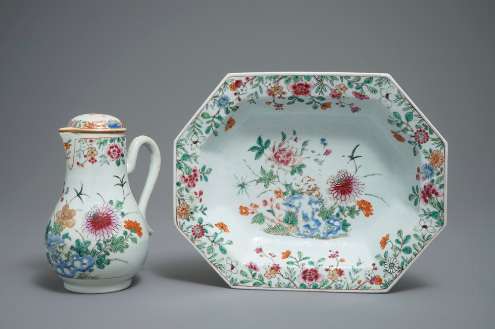 A Chinese famille rose ewer and basin with floral design, Qianlong