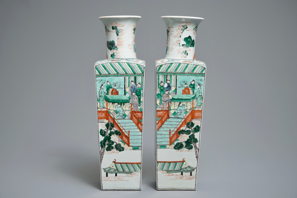 A pair of square Chinese famille verte vases, 19th C.