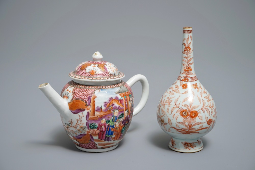 A Chinese iron red and gilt rosewater sprinkler and a mandarin design teapot, Kangxi and Qianlong