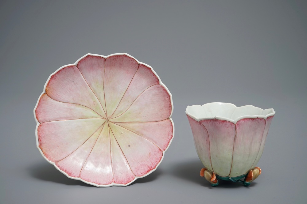 A large Chinese famille rose magnolia-shaped cup on stand, Yongzheng