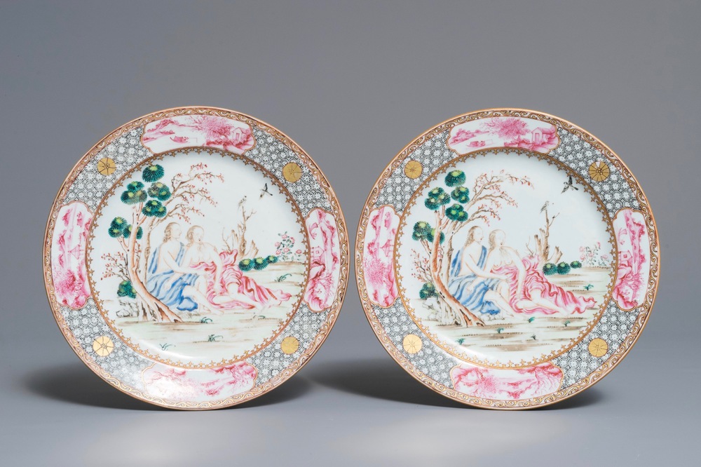 A pair of Chinese famille rose mythological subject 'Acis and Galatea' plates, Qianlong