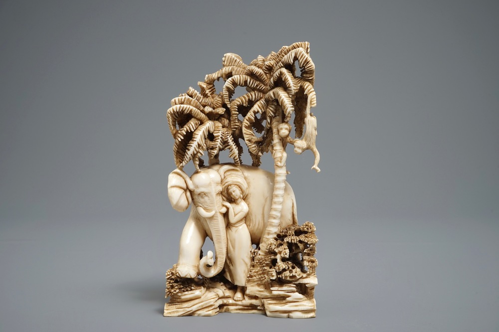 A Chinese carved ivory group of a lady with an elephant, 1st half 20th C.