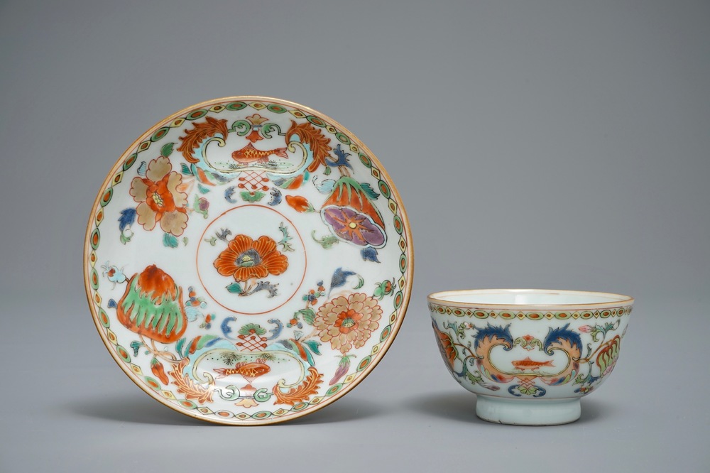 A Chinese famille rose 'Pompadour' cup and saucer, Qianlong, ca. 1745
