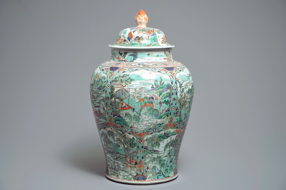 A large Chinese famille verte vase and cover with figures in fluvial landscapes, Kangxi
