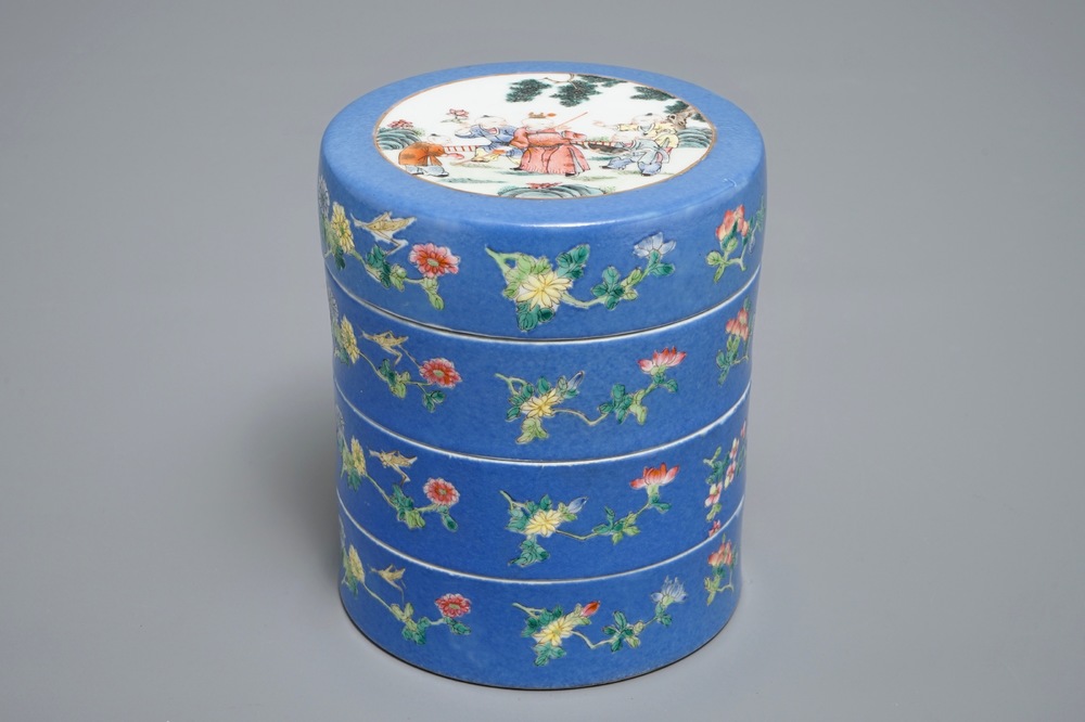 A Chinese blue-ground famille rose four-tier box, Tongzhi mark, 19th C.