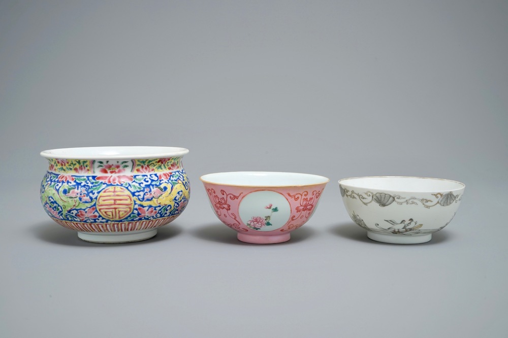 Two Chinese famille rose and grisaille bowls and an incense burner, Yongzheng and later