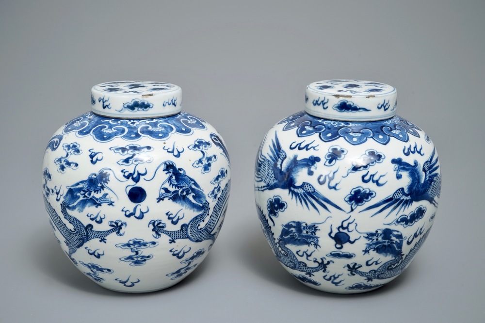 Two Chinese blue and white 'dragon and phoenix' jars, 19th C.