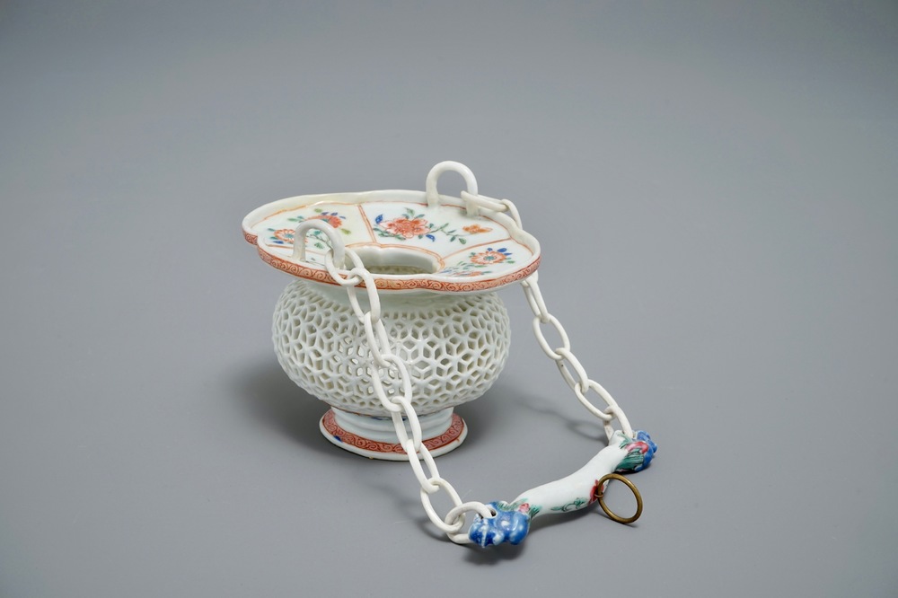 A rare Chinese famille rose reticulated hanging basket, Yongzheng/Qianlong