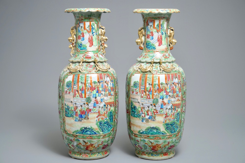 A pair of Chinese Canton famille rose celadon-ground vases, 19th C.