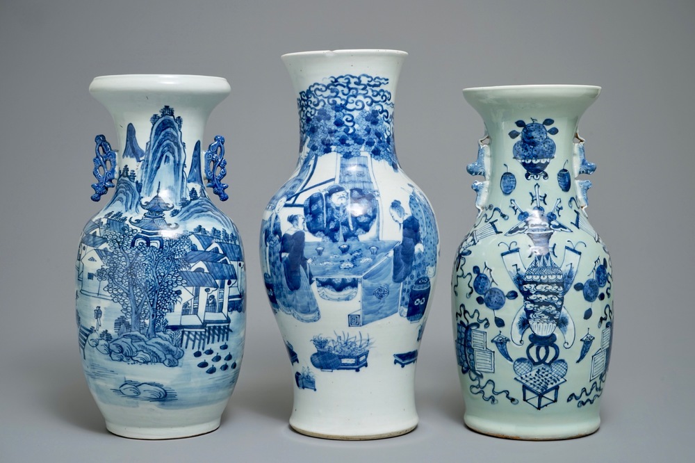 Three Chinese blue and white vases, 19th C.