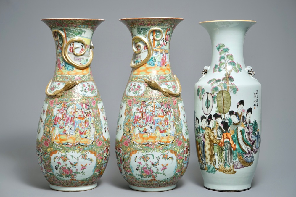 A pair of large Chinese Canton rose medallion vases and a fencai vase with ladies, 19/20th C.