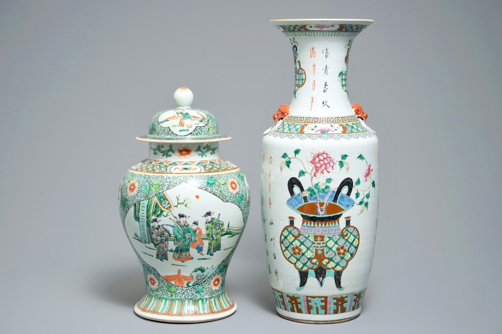 Two Chinese famille rose and verte vases, 19/20th C.
