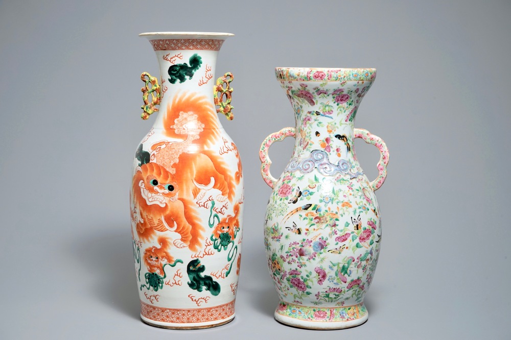 A tall Chinese iron red vase with Buddhist lions and a Canton famille rose vase, 19th C.