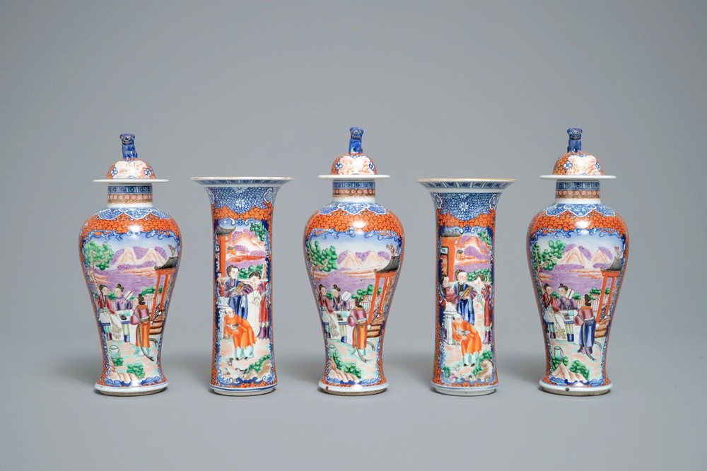 A famille rose-style five-piece garniture with Mandarin design, Samson, Paris, 19th C.