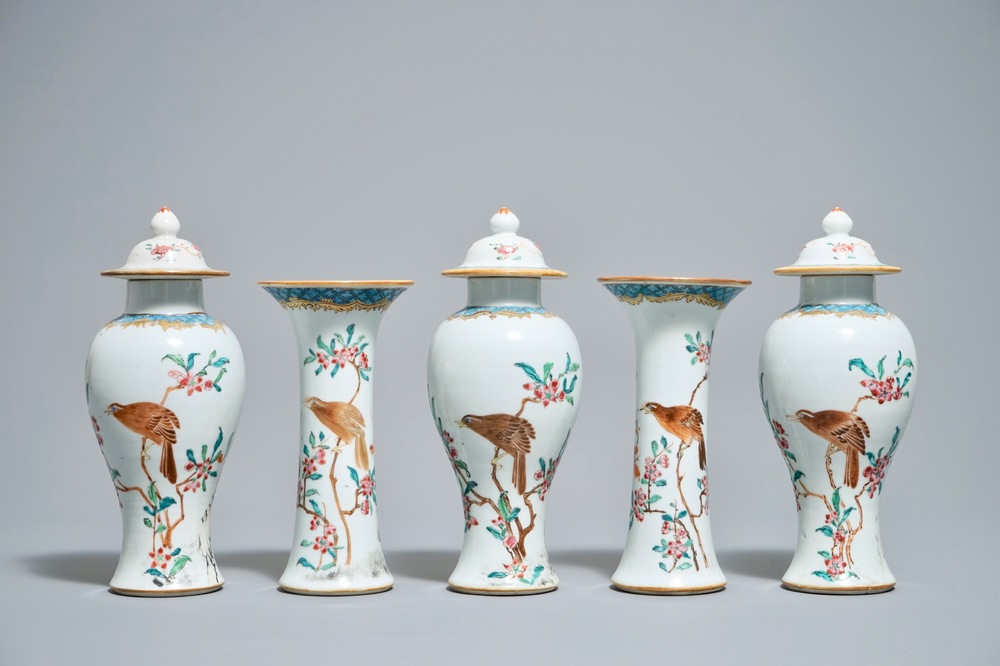 A Chinese famille rose five-piece garniture with birds among blossoms, Yongzheng/Qianlong