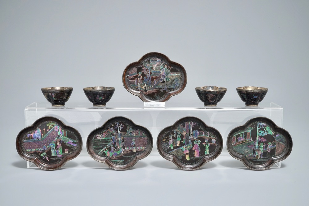 Five Chinese quatrefoil silver and lac burgaute saucers and four cups, 17/18th C.