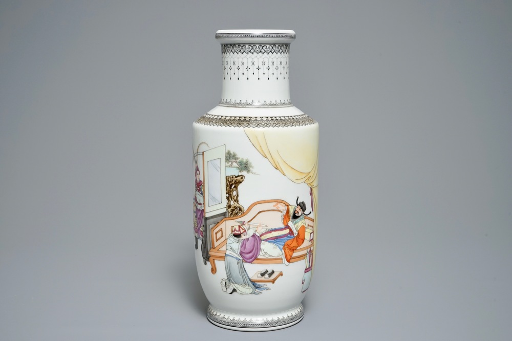 A fine Chinese famille rose rouleau vase with figures, Qianlong mark, Republic 20th C.