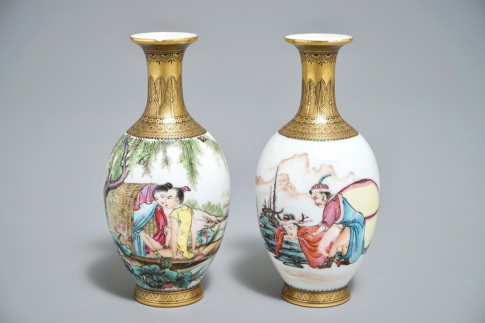 Two Chinese famille rose 'erotic subject' eggshell vases, Qianlong mark, 20th C.